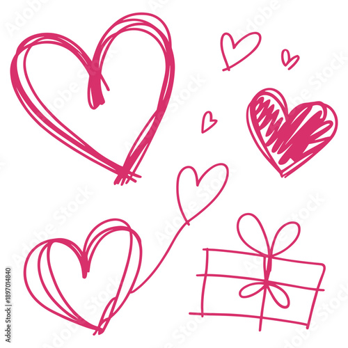 Various red heart doodles on a pink background. Hearts are drawn in different styles, showcasing creativity and love. Heart designs vary in size and shape. Cute hand drawn Valentine's Day vector set.