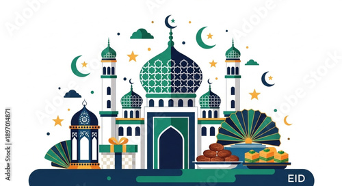 Beautiful Islamic Mosque with Crescent Moons and Lanterns.