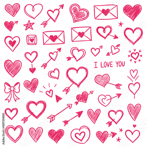 Various red heart doodles on a pink background. Hearts are drawn in different styles, showcasing creativity and love. Heart designs vary in size and shape. Cute hand drawn Valentine's Day vector set.