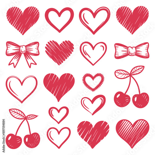 Various red heart doodles on a pink background. Hearts are drawn in different styles, showcasing creativity and love. Heart designs vary in size and shape. Cute hand drawn Valentine's Day vector set.