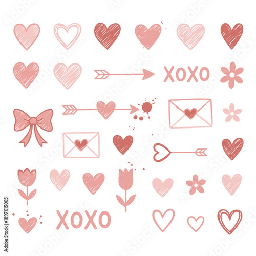 Various red heart doodles on a pink background. Hearts are drawn in different styles, showcasing creativity and love. Heart designs vary in size and shape. Cute hand drawn Valentine's Day vector set.
