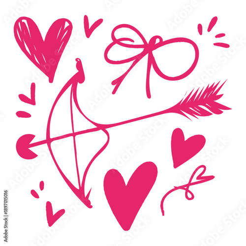 Various red heart doodles on a pink background. Hearts are drawn in different styles, showcasing creativity and love. Heart designs vary in size and shape. Cute hand drawn Valentine's Day vector set.