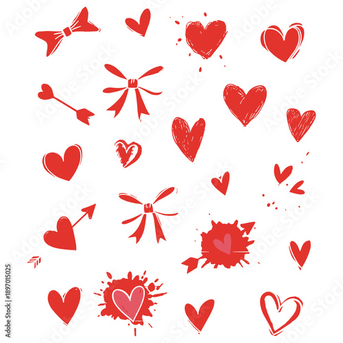 Various red heart doodles on a pink background. Hearts are drawn in different styles, showcasing creativity and love. Heart designs vary in size and shape. Cute hand drawn Valentine's Day vector set.