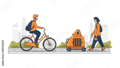 Urban Commute with Canine Companion: A cyclist navigates a city street, while a person walks their canine companion in a wheeled carrier, showcasing a modern urban lifestyle. 