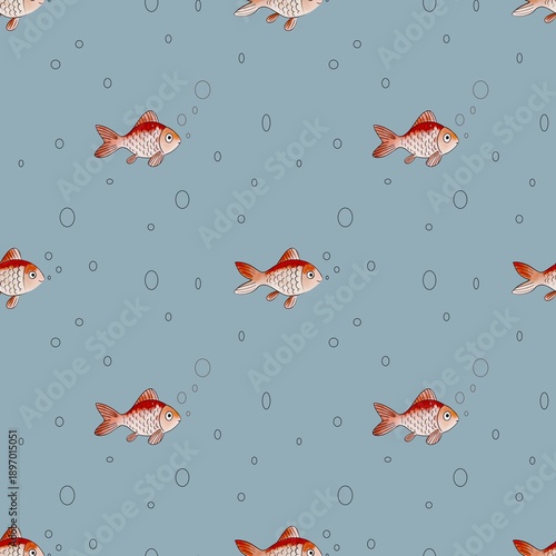 Seamless Cute Fish Pattern with Bubbles on Blue Background