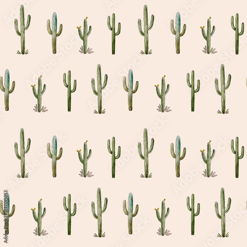 Seamless Hand Drawn Cactus Pattern on Neutral Background