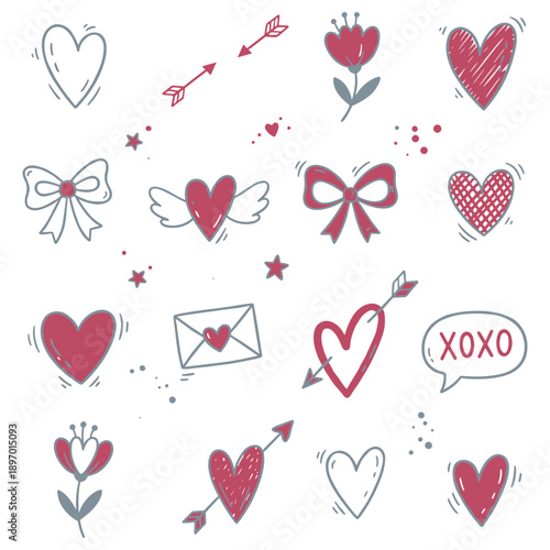 Various red heart doodles on a pink background. Hearts are drawn in different styles, showcasing creativity and love. Heart designs vary in size and shape. Cute hand drawn Valentine's Day vector set.