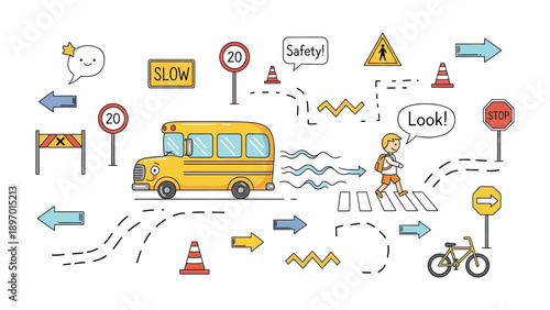 School Safety: A vibrant illustration depicts school zone safety measures, featuring a yellow school bus, crosswalk, and various road signs, promoting awareness of pedestrian safety around schools.