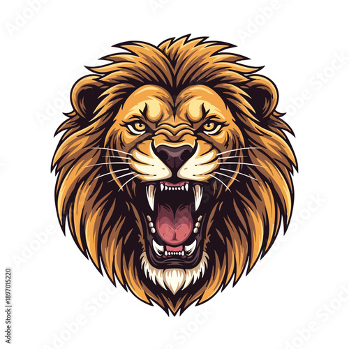 A vector illustration of a lion's head with its mouth open in a roar, depicted in a graphic style with vibrant orange and yellow hues against a clean white background.