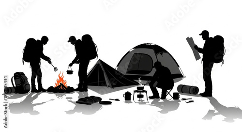 Campers preparing food and setting up tents during outdoor adventure.