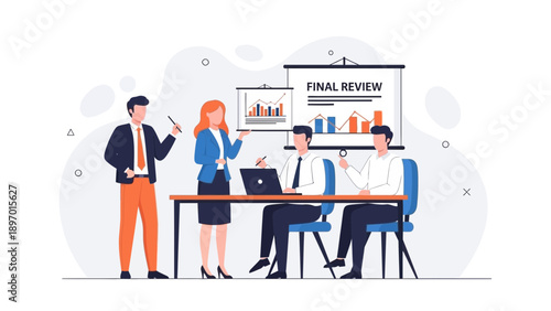 Business meeting: team discussing final review with charts and data analysis