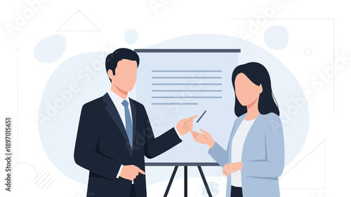 Business meeting: man pointing at presentation board, woman listening, teamwork, office concept