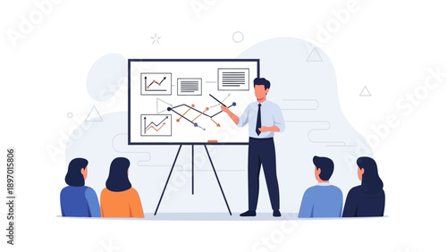 Business meeting presentation with charts and graphs on whiteboard, audience listening