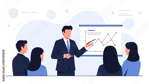 Business meeting presentation with graph chart on whiteboard
