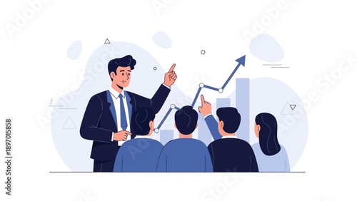 Business meeting presentation, man pointing at upward trending graph, teamwork success