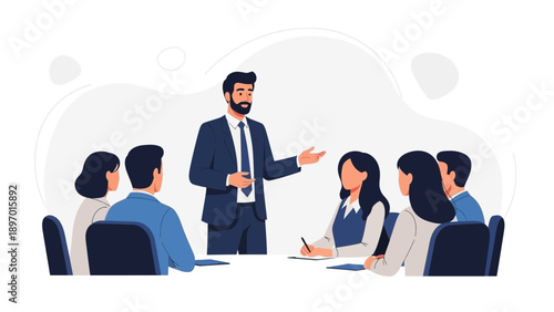 Business meeting: speaker presenting to attentive audience in modern office