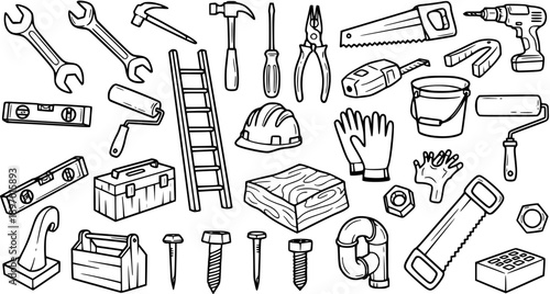 Black and White Line Art of Construction Tools Collection for DIY and Renovation Projects