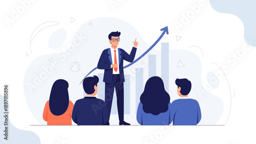 Business Meeting: Speaker presenting growth chart to audience, upward trend arrow