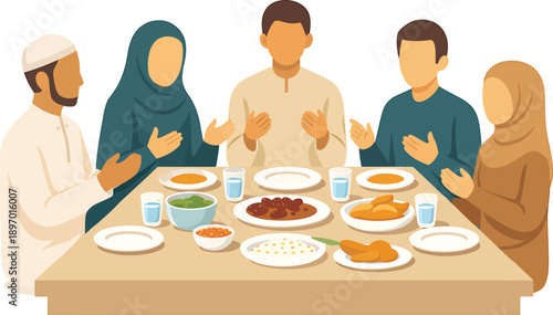 Muslim family praying and eating together at dining table