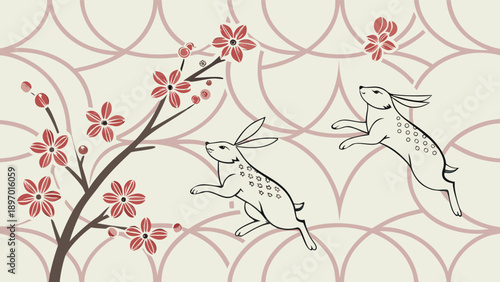 Delightful illustration of two playful rabbits jumping beside a blooming cherry blossom tree, perfect for adding a touch of springtime whimsy to your designs
