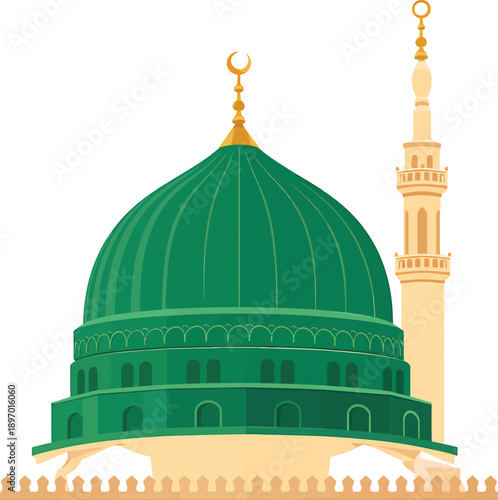 Green mosque dome and minaret with gold crescent moon and finial