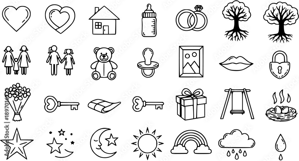 Fototapeta premium Family, Love, and Childhood Lifestyle Black White Line Art Icons Set. Simple Outline Symbols for Relationships, Home, and Nature.