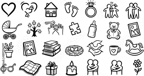 Black and white line art icons for family and love: heart, house, baby, couple, pets