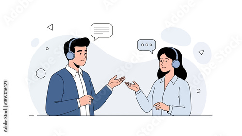 Business communication concept: two people talking with headsets and speech bubbles