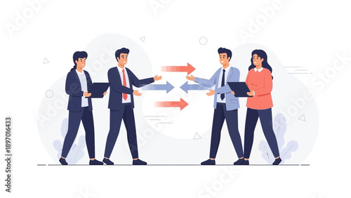 Business collaboration: people exchanging ideas and information with arrows