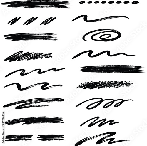 Collection of abstract black brush marks and lines on transparent background