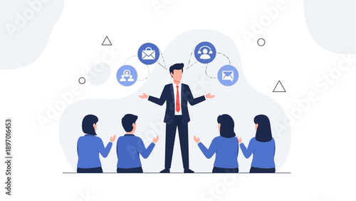 Business Leader Connecting Team with Digital Communication Icons
