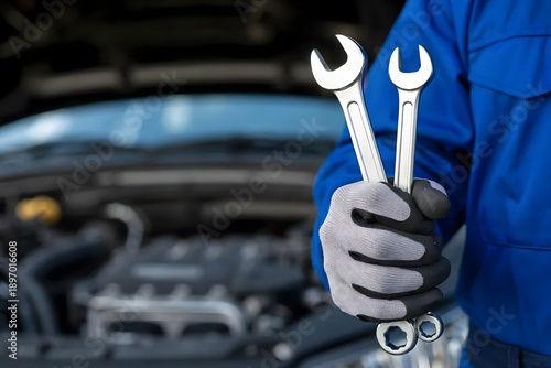 Wallpaper Mural A mechanic's hand holding two wrenches in front of a car engine Torontodigital.ca