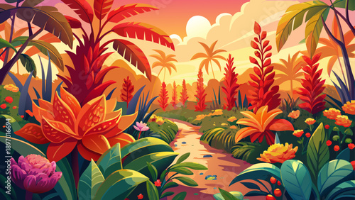 Very beautiful ginger flower garden in full bloom, showcasing rich red, orange, and pink tones under warm sunlight, creating a vibrant and lively tropical floral landscape.