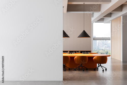 Fotografi Modern office interior with blank white wall and stylish orange furniture in front of city view windows and wooden panel accent wall background