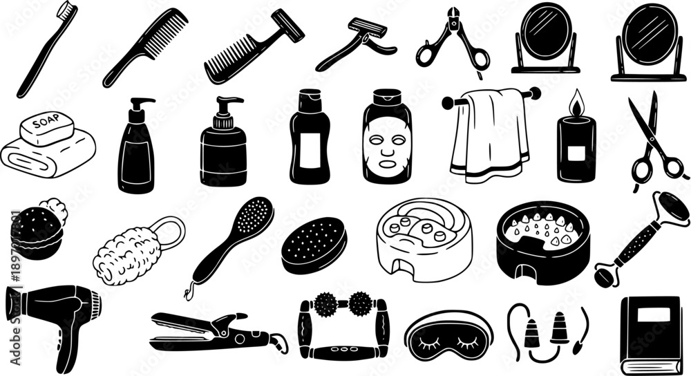Obraz premium Personal Care, Beauty Spa Icons Set: Black White Glyph Silhouettes of Bathroom Essentials, Grooming Tools, and Self-Care Products