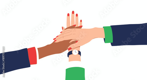 Diverse Business Hands Stacking in Unity and Collaboration. Professional Teamwork Huddle Gesture, Partnership, and Corporate Success Vector Illustration.