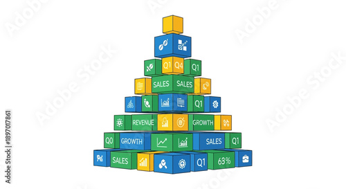 Business Growth Pyramid Infographic. 3D Block Structure for Sales, Revenue, and KPI Metrics Visualization.