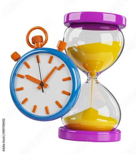 3D Colorful Clock and Hourglass for Time Management and Deadline Concept