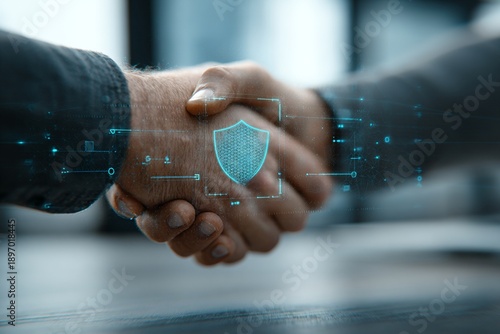 Digital Handshake with Shield Symbolizing Partnership and Security Concepts