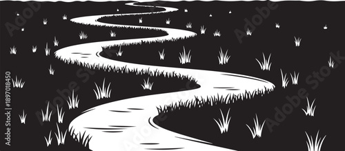 Serene black and white winding river landscape illustration