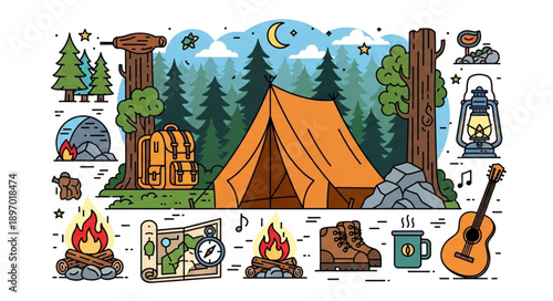 Camping adventure scene with tent campfire and guitar.