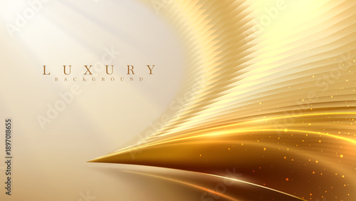 Metallic gold gradient background with ripple glass effect and neon light lines. Luxury decoration design. Vector illustration.