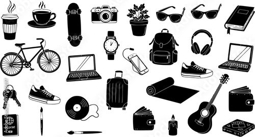Black and White Line Art Icons of Travel and Leisure Objects