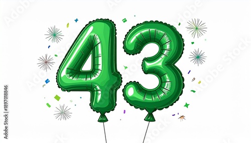 Green cartoon style balloon shaped as number 43 with confetti on white background. Illustration for birthday or anniversary party