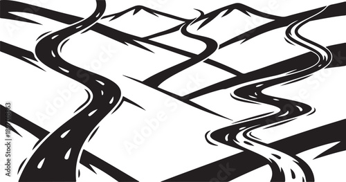 Aerial View of Winding Roads and Mountain Ranges Illustrated