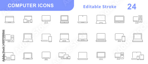 Computer icon set. Laptop, monitor, computing. Editable set of stroke  for technology and electronics interface. Computer and PC monitor, laptop screen, server with different processes. Vector