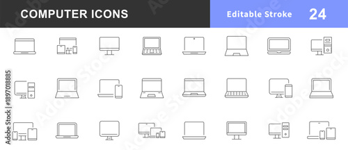Computer icon set. Laptop, monitor, computing. Editable set of stroke  for technology and electronics interface. Computer and PC monitor, laptop screen, server with different processes. Vector