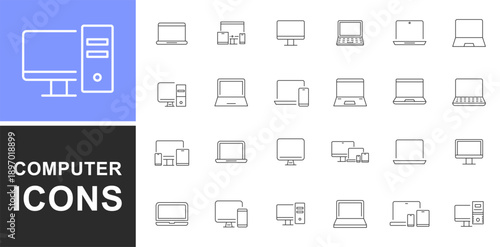 Computer icon set. Laptop, monitor, computing. Editable set of stroke  for technology and electronics interface. Computer and PC monitor, laptop screen, server with different processes. Vector