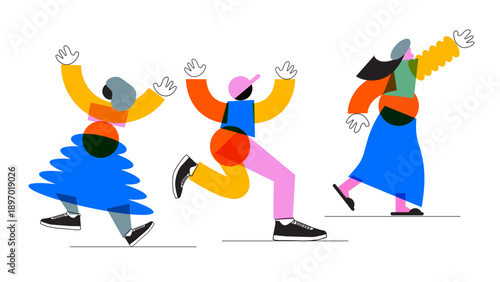 Colorful abstract illustration of three dancing figures in dynamic poses, flat geometric shapes on white background, expressing joy and movement, ideal for modern design, ads, and social media visuals