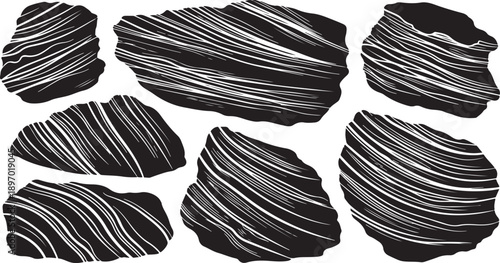 Black and white striped rock formations on white background